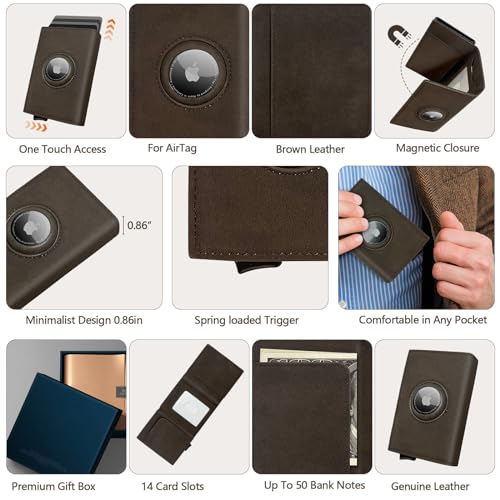 AirTag Wallet Card Holder for Mens, Secure Holder for Apple Air Tag, Pop up Card Case, Premium Genuine Leather, RFID Blocking, Minimalist Smart Slim 9-14 Card Capacity, ID Window, Cash Slot2