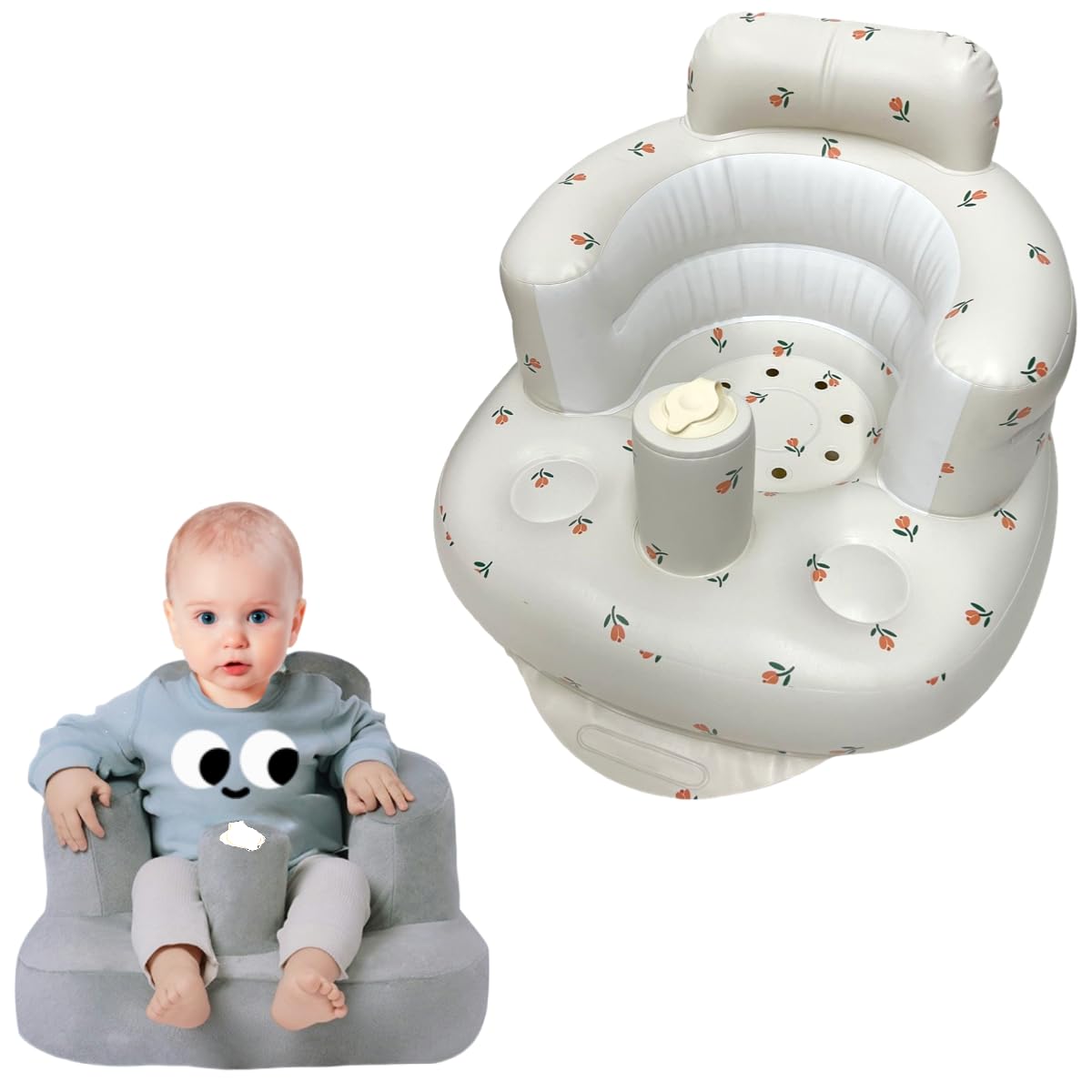 Aufblasbarer Baby-Sitz für Babys ab 4-24 Monaten,Baby-Rückenstützsofa,Boden-Sitzunterstützung zum Sitzen lernen (Tulpe+Sofabezug)