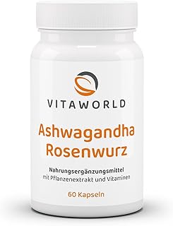 vitaworld Ashwagandha Rosenwurz Komplex, Premium KSM-66® Extrakt, 10 mg Withanolid und 4,5 mg Rosavin pro Kapsel, Vegan, 60 Kapseln