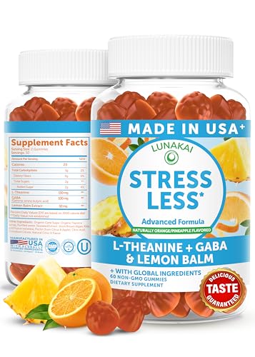Lunakai USA Made Calm & Stress Relief Gummies – Delicious GABA + L-Theanine Calming Supplement for Adults & Kids – Natural Stress Support, 60ct