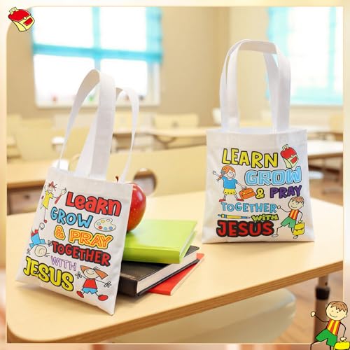 Image of 36 Pcs Religious Tote Bags Bulk for Kids Christian Learn Grow Pray Together with Jesus Gift Tote Christian Canvas Bags for Sunday School Church Classroom Prizes Party Favors Supplies Gift