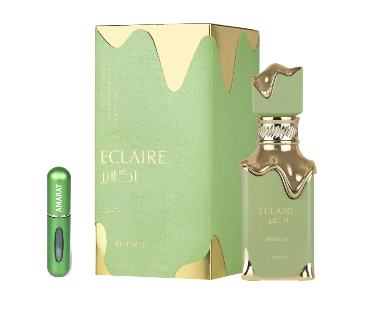 Lattafa Eclaire Pistache Eau de Parfum 100ml | Perfume Árabe Unisex de Larga Duración, Incluye Atomizador Recargable 5 ml, Fragancia Gourmand Cremoso con Pistacho y Vainilla (Eclaire Pistache)