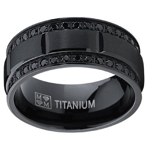 9MM Men's Black Titanium Wedding Band Ring with Double Row Black Cubic Zirconia, Comfort Fit3