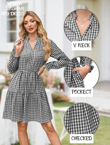 Image of Theenkoln Womens Casual Midi Dress: Short Sleeve V-Neck Empire Waist Gingham Spring Fashion Long Trendy Tiered Formal Dresses