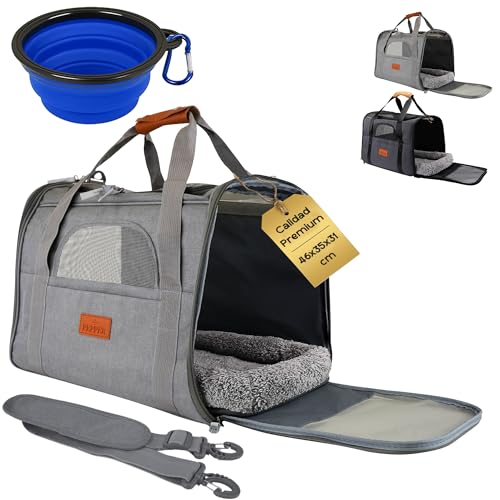PEPPER® Transportin Perro Gato 46x35x31cm + Bebedero + Cojín Blando + Correa Ajustable Hombro | Transportadora Gato Portátil con Ventilación 360º | Bolsa Transporte Transpirable para Mascotas (Gris)