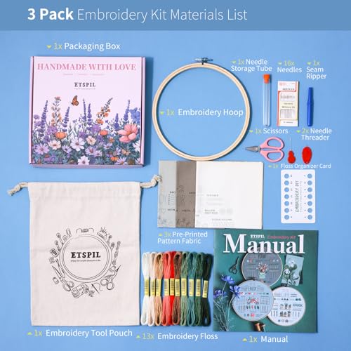 Image of ETSPIL Embroidery Kit for Beginners & Adult, 3-Pack 33-Stitch Floral Samplers, Pre-Stamped Designs, 7.8-Inch Hoop, Threads, Needles, Storage Bag, Guide & Video, DIY Craft Gift for Women