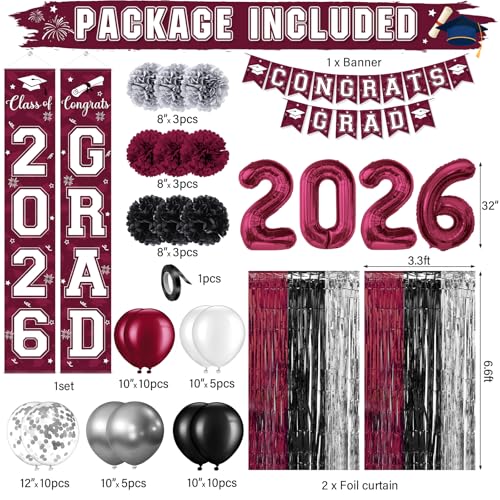 Image of Graduation Party Decorations Class of 2026, Graduation Decorations with Congrats Grad Banner Fringe Foil Curtain Paper Flower Ball Balloons for High School College Graduation Party Supplies, Maroon