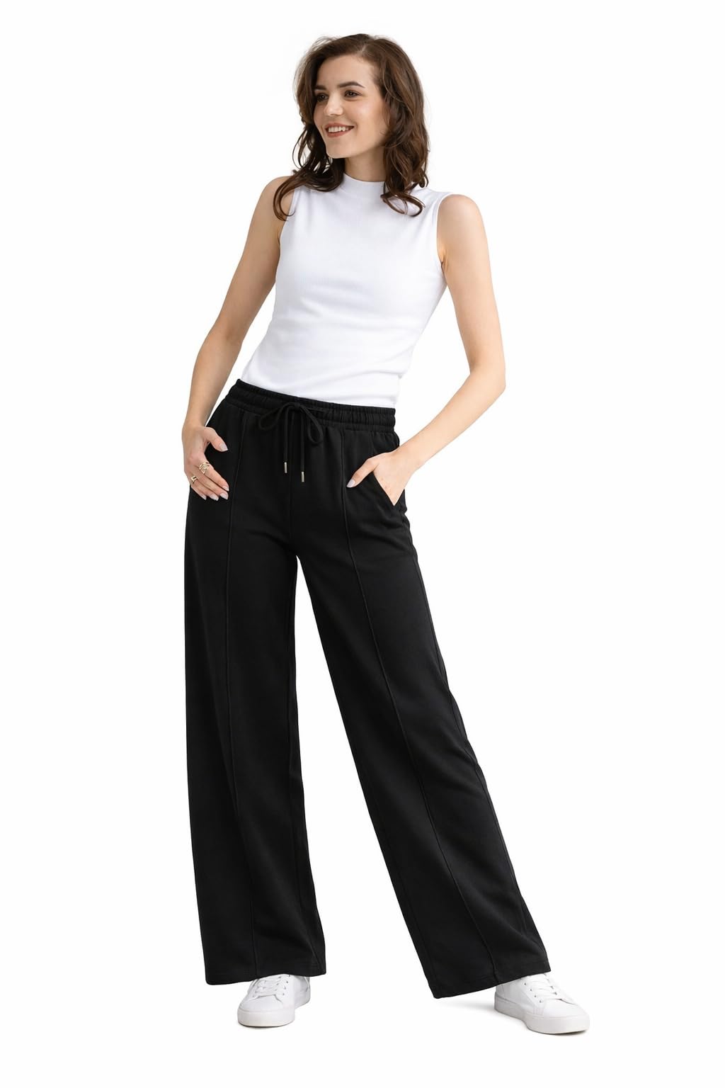 Women's Sleeveless Mock Neck Top & Black Wide Leg Lounge Pants Set | Airport Travel Outfit | Casual Co-ord Set for Women-image-12