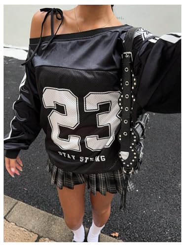 MakeMeChic Women's Striped Number Print Jersey Shirt Asymmetrical Neck Long Sleeve Summer Y2K Tee Top4