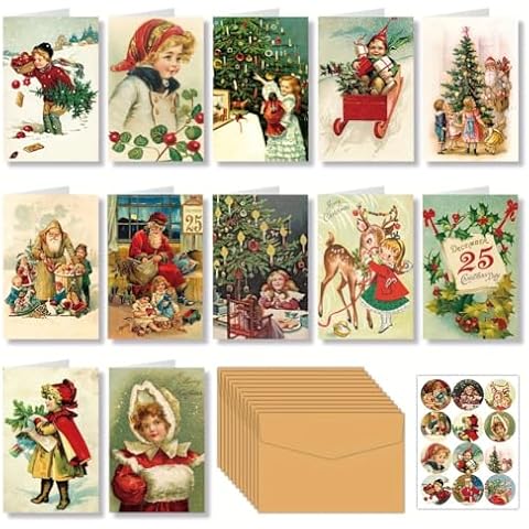 24 Sets Vintage Retro Christmas Cards with Envelopes Stickers Old Fashioned Holiday Postcards Classic Nostalgic Party Invitations Bulk Mid-Century Antique Style Xmas Notecards Cover