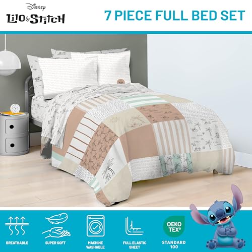 Image of Disney Lilo and Stitch Full Size Comforter Set 7 Piece Bedding, Multi | Bed in a Bag, Comforter Sheets Shams Pillowcases, Official Product, Soft Microfiber, Machine Washable, Girls Gift
