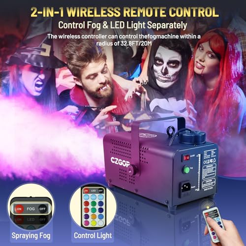 CZGOR Smoke Machine, Fog Machine 18 LEDs with Wireless Remote Control, 600W 2500CFM Fog with 13 Color Light, Portable Smoke Machine for Halloween Parties & Indoor/Outdoor Events - Thumbnail 5