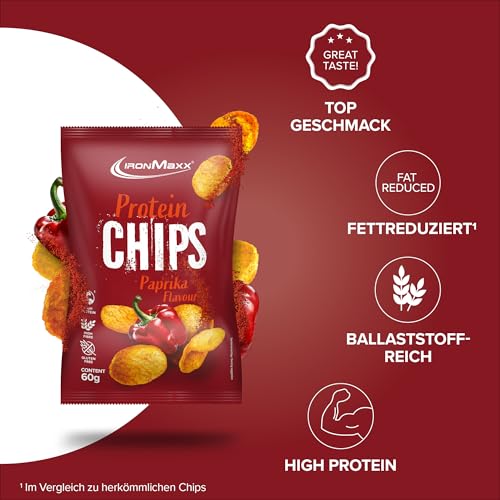 IronMaxx High Protein Chips – Paprika 60g | Low Carb, Glutenfrei & Zuckerarm | Knuspriger Eiweiß-Snack
