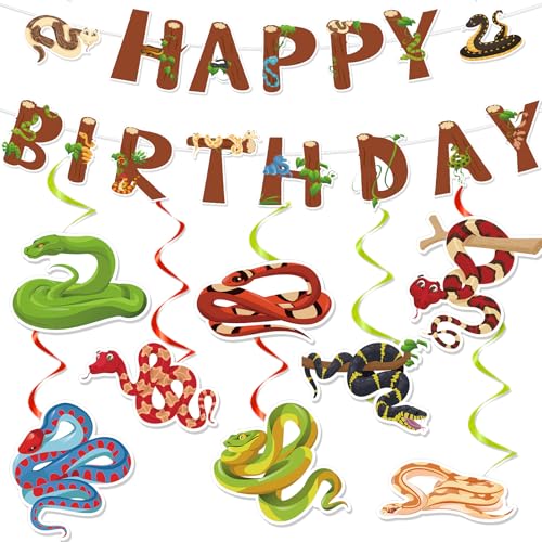 Image of Snake Birthday Party Decorations - 8PCS Snake Reptile Bday Banners with Hanging Swirls Decorations Jungle Wild Safari Animals Decor Supplies