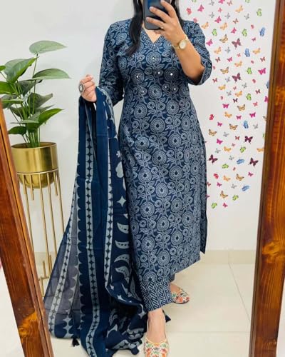 Image of Rangnavi Women's Pure Cotton Printed Straight Kurta with Pants and Dupatta Set | Ethnic Set | Suit Set | Kurta Set
