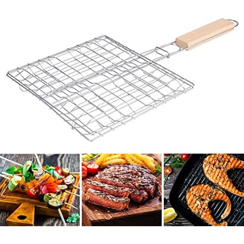 Akemaio BBQ Net Basket - Grilling Baskets for fish - Folding Vegetable Barbecue Wire Grid Rack BBQ Accessories with Wooden Handle Cover