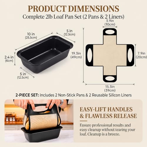 9x5 Loaf Pans for Baking Bread, 2-Pack Bread Loaf Pan Set with Silicone Bread Sling Liners, Nonstick Loaf Liners for Sourdough, Banana Bread, Homemade Bread - Image 5