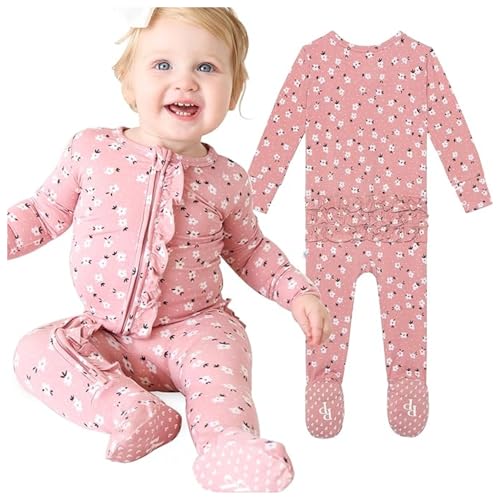 Image of Posh Peanut Footie Pajamas for Baby Girls – Sleepers in Viscose from Bamboo with 2-Way Zipper & Ruffle Trim