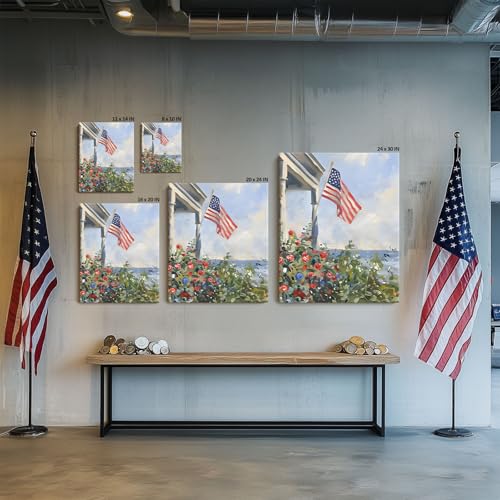 Image of Memorial Day Canvas Wall Art, Porch View American Flag Print, Coastal Garden Flowers Flag by the Sea Poster, Independence Day Gifts Print Artwork for Lakehouse or Summer Entryway Decor 16x20inch