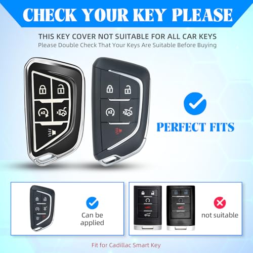 Image of QBUC for Cadillac Key Fob Cover with Leather Keychain (Chrome Trim Black) | Soft TPU Protection Case Compatible with 2020-2026 Cadillac Escalade Lyriq Optiq 5-Buttons
