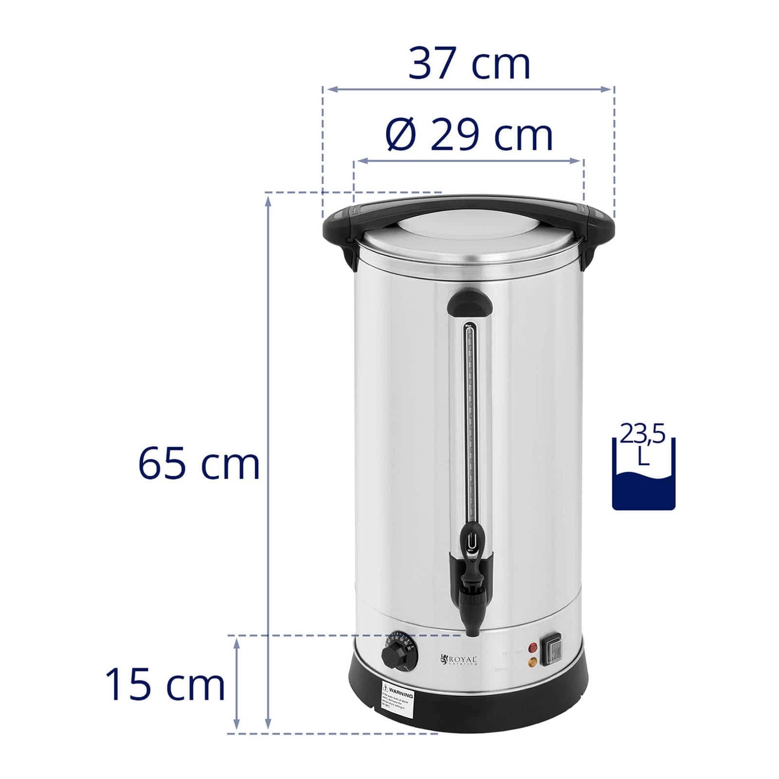 Royal Catering Distributeur D'Eau Chaude Avec Robinet En Acier Inoxydable Fontaine Bouilloire RC-WBDW23 (23,5 l, 2 500 W, 30-110 °C, Fonction De Maintien Au Chaud, Inox/Plastique)
