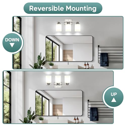 Ascher Bathroom Light Fixtures, 3-Light Vanity Light Over Mirror, Brushed Nickel Wall Sconces with Milky White Frosted Glass Shades, Wall Lamp for Living Room Bedroom, E26 Base(Bulbs Not Included)