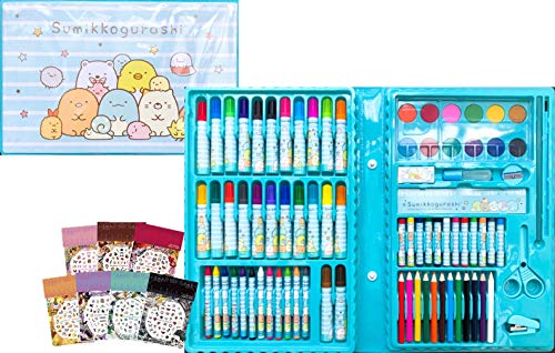 すみっコぐらし バッグ型 文房具セット ８６種類（持ち手付き）Art Party ステーショナリー + ネイルシール１枚 女の子 お絵描きセット (すみっこぐらし すみっコぐらし しろくま ぺんぎん？ とんかつ ねこ とかげ ) ブルー