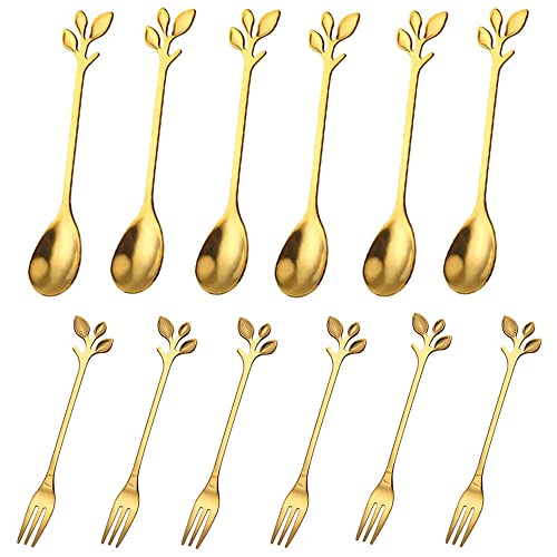 12 Pezzi Cucchiaino da Caffè in Acciaio Inox, Cucchiaio da Caffè Creativo, Cucchiaio da Zucchero, Forchette da Dessert in Acciaio Inox, per Frutta, Caffè, Dessert, Lavabili in Lavastoviglie (Oro)