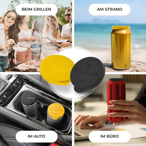FrischFresh 2Stück, 0,33-0,5l+, Schwarz-Gelb, Getränkedosen Verschluss für Festival, Strand, Auto, Garten, Dosen Verschluss, Getränkedosen Deckel, Dosen Deckel, Dosendeckel Getränkedose, ohne BPA