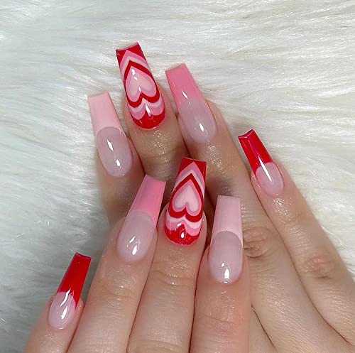 Amazon Com Valentine S Day Press On Nails Medium Length Red Heart Coffin Design Fake Nails French Exquisite Chic Acrylic Nail Decorations Romantic False Nails Tips With Nail Adhesive Tabs For Women Girls