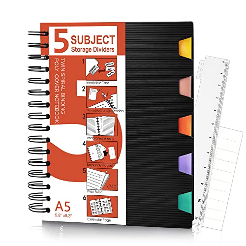 Mowee Spiral Notebook - 5 Subject Notebook With Dividers Pocket, Tabs, Ruler, A5 Wide Ruled Notebook For Work, Writing Journal, Home & Office, School Supplies, 240Pages, 7''X8'' #TOP6