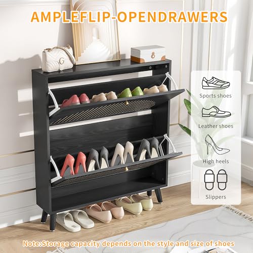 Shoe Storage Cabinet for Entryway with 2 Flip Drawers, Narrow Wood Shoe Cabinet with Fluted Panel, Freestanding Hidden Shoe Organizer for Foyer, Hallway (Black - No Shelf)
