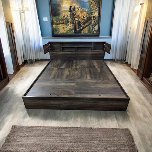 Image of King Bed /Cot with Headboard & Top Cabinet Storage, Splash-Proof, Termite-Proof, Modern Design, 2-Year Warranty