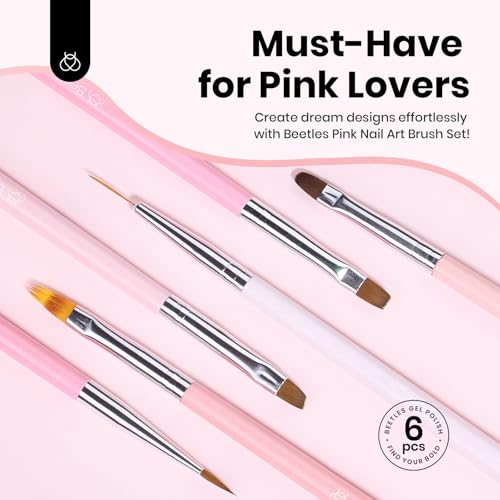 Image of Beetles Nail Art Brushes, 6 Pcs Fingernail Art Design Pens, Pink Handle French Tip Ombre Clean Up Nail Brush Set for Gel Polish with Palette DIY Manicure Tools Gift for Women