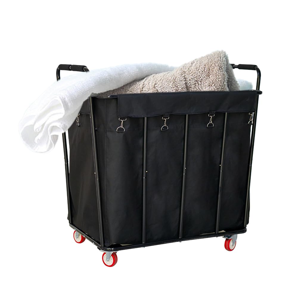 Large Commercial Laundry Cart with Wheels, Rolling Laundry Hamper Cart with Steel Frame and Removable Bag, Heavy Duty Laundry Baskets for Hotel, Home, Laundry Room, Black