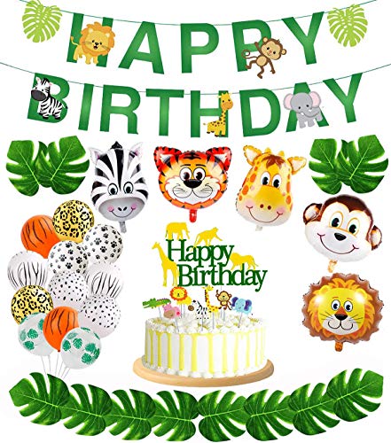 Jungle Safari Party Supplies,Jungle Animal Decorations, Safari Zoo Animals Happy Birthday Banner, Animal Balloons and Animal Cake Toppers for Jungle Safari Zoo Theme Birthday Party Decorations.