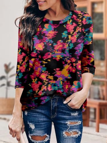 KISSMODA Tunic Tops for Women Loose Fit Dressy Round Neck Pleated 3/4 Length Sleeve Spring Tops