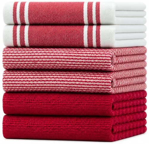 Image of Premium Kitchen Towels (20 inchx 28 inch, 6 Pack) | Large Cotton Dish Towels | Flat & Terry Highly Absorbent Kitchen Linen Set with Hanging Loop | Wide Stripe Red