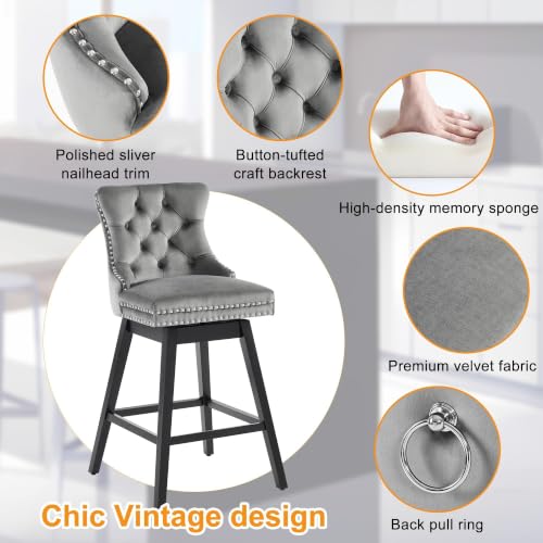 Image of Grey Swivel Bar Stools, Velvet Counter Height Bar Stools Set of 2