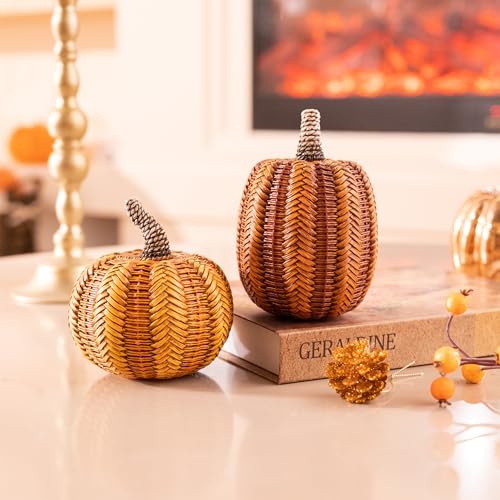 Valery Madelyn Fall Decorations for Home, Fall Pumpkin Decor, 2pcs Resin Pumpkin Decorations Indoor, Pumpkins for Decorating, Autumn Thanksgiving Table Decor, 5 inch - Image 3