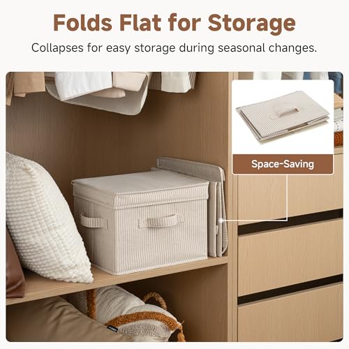 Image of StorageWorks Fabric Storage Bins with Lid, Decorative Storage Boxes for Shelves, Stackable Closet Organizer Basket with Handles, Medium, Khaki and Beige Stripes, 2-Pack