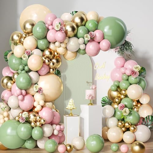 Image of Sage Green and Pink Floral Balloon Arch Kit 144 PCs