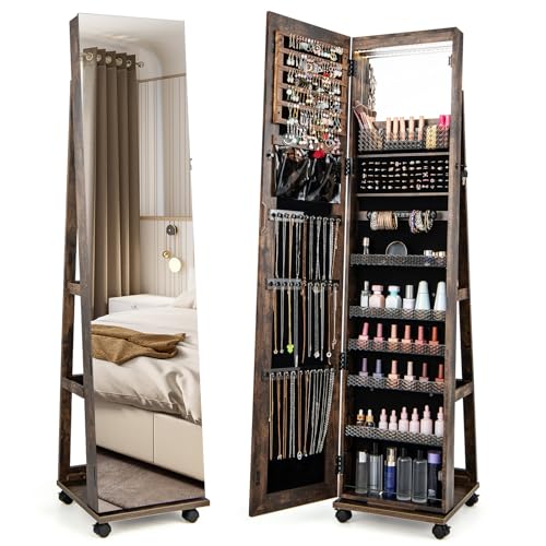 LDAILY Jewelry Armoire, Lockable Jewelry Cabinet with Wheels, 3-Color LED Lights, Full Length Mirror, Height Adjustable Shelves, Inner Mirror, Standing Jewelry Organizer for Girls Women (Rustic Brown)