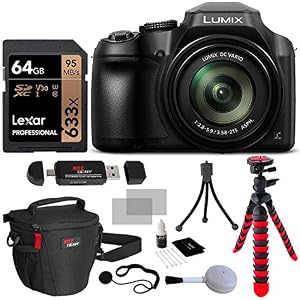 Panasonic FZ80 Lumix 4K Long Zoom Camera, 18.1 MP, F2.8-5.9, Power O.I.S with 3″ LCD + Polaroid 64GB + Camera Bag + Tripod and DC-FZ80K Accessory Bundle