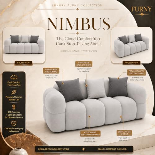 Image of FURNY Luxury Nimbus 2 Seater Bubble Cloud Sofa Set for Living Room | Boston Fabric Upholstered | Modern Cushioned Comfortable Couch for Home Office & Drawing Room | Light Grey