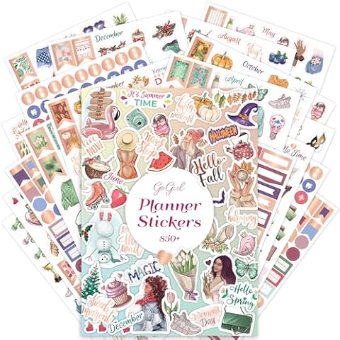 GoGirl Value Sticker Pack – 850+ Small Aesthetic Stickers for Planner, Journal & Calendar – Holidays, Seasonal Stickers, Inspirational Quotes, to-dos, Appointments, Budgeting & Text Boxes – 19 Sheets Cover