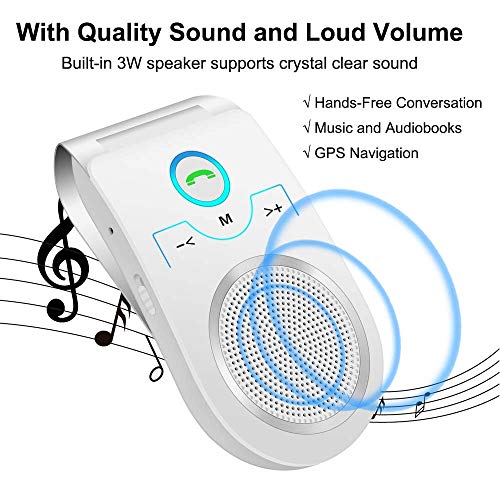 Bluetooth Speakerphone Wireless Car Speaker, Aigital Upgraded Bluetooth 5.0 in-car Speaker for Cell Phone, Loud and Clear Sound for No-Hands Calling, GPS Navigation and Music - White