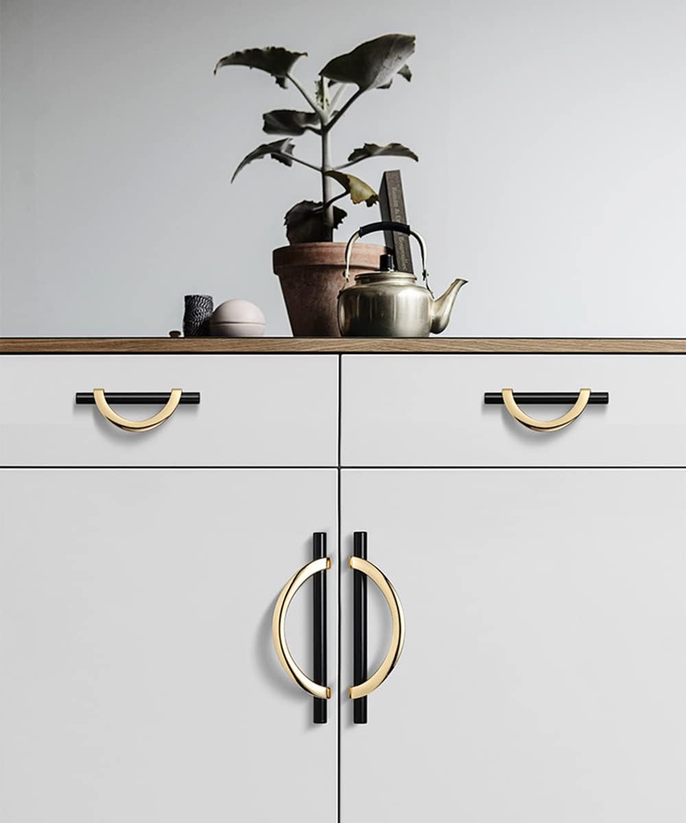 Black Gold Cabinet Pulls Drawer Pulls, Half Moon Shape Cabinet Pulls Black Gold Dresser Handles, Kitchen Drawer Handles Antique Cupboard Door Handles 4Packs ‎3.75in