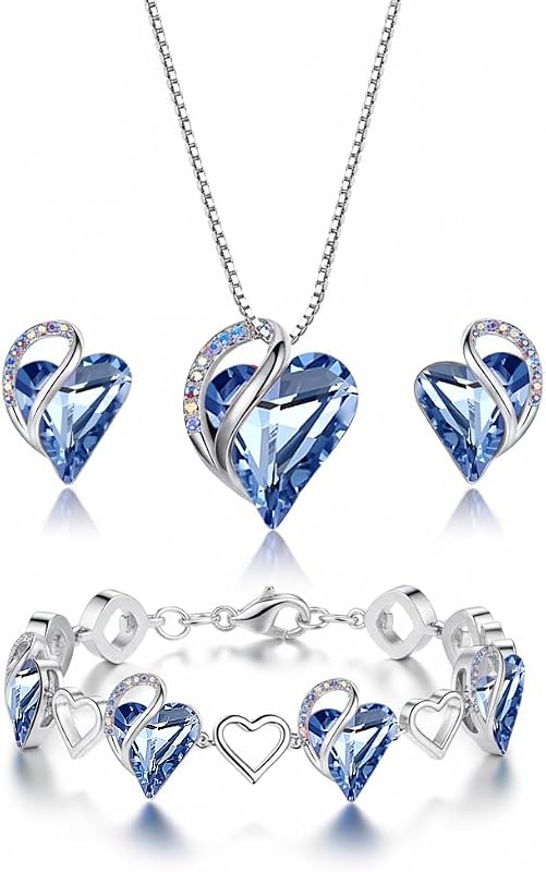 Necklace Gift Set for Women, Infinity Love Birthstone Heart Pendant with Matching Earrings and Bracelet, for Mom and Wife, Silver Plated
