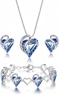 Necklace Gift Set for Women, Infinity Love Birthstone Heart Pendant with Matching Earrings and Bracelet, for Mom and Wife, Silver Plated